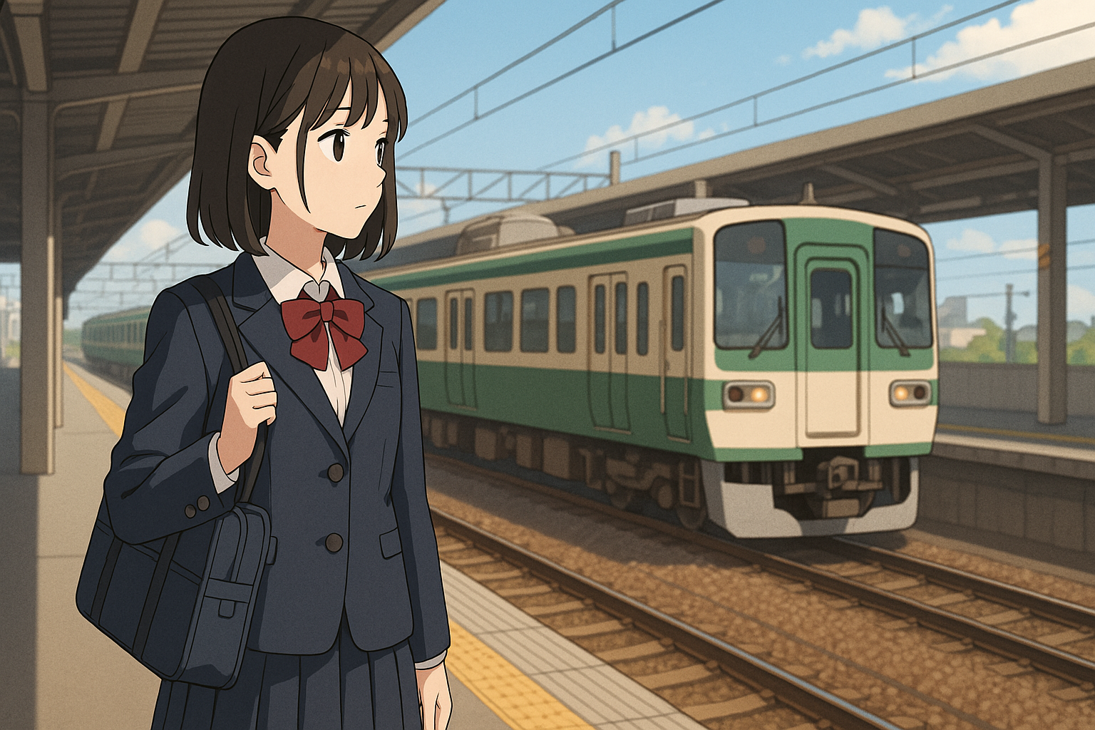 電車を待つ高校生